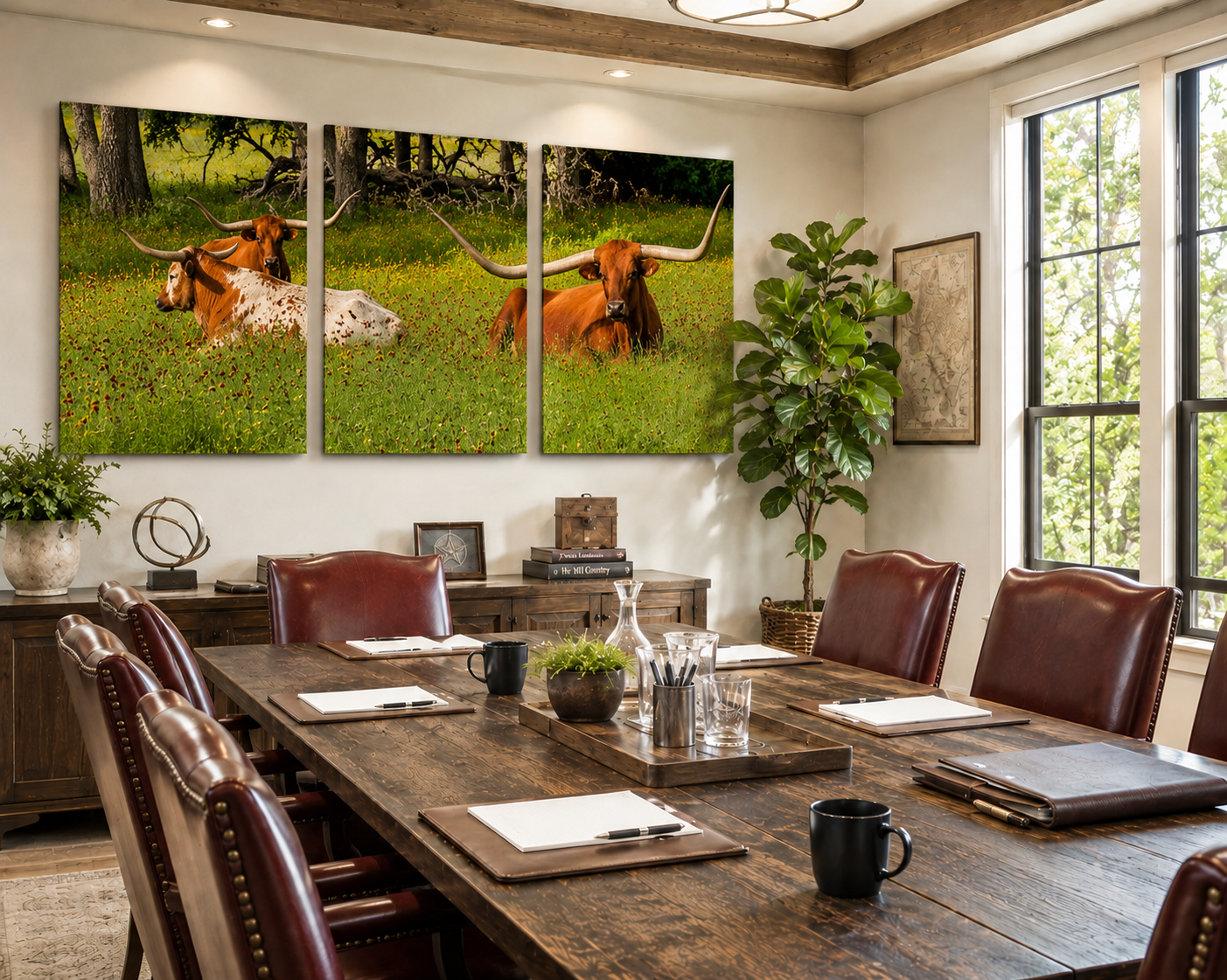 Executive boardroom with a triptych of Texas longhorns resting in wildflower grasslands