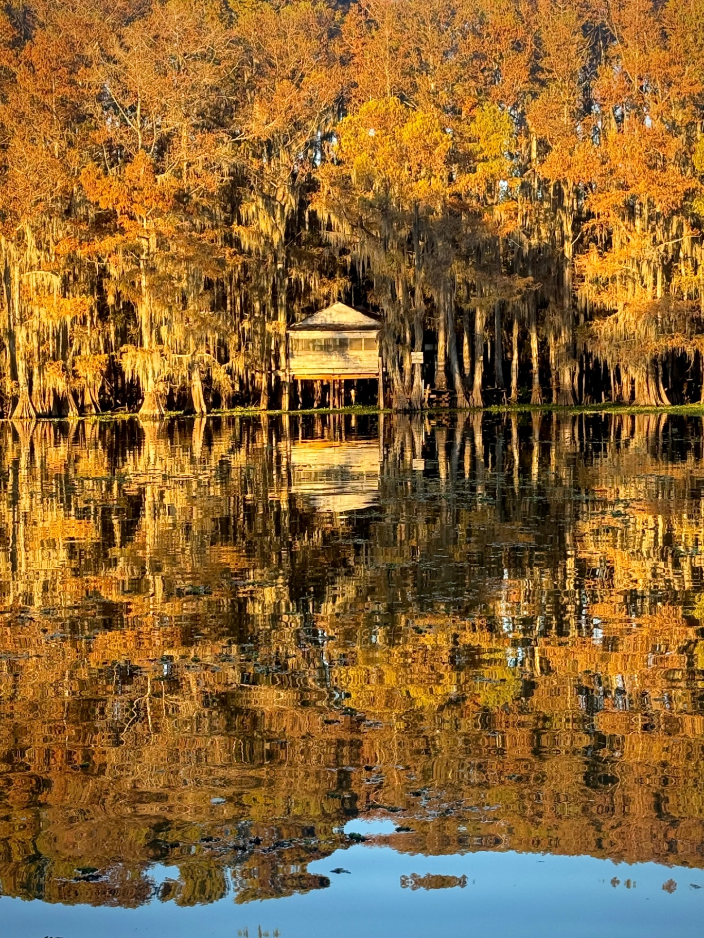 Boathouse in Autumn Reflection